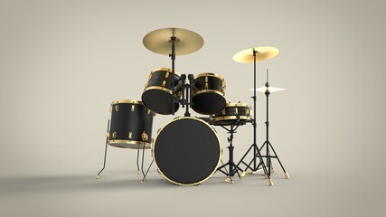 Front view of professional black drum kit with gold lines isolated on solid brown background 3d rendering image