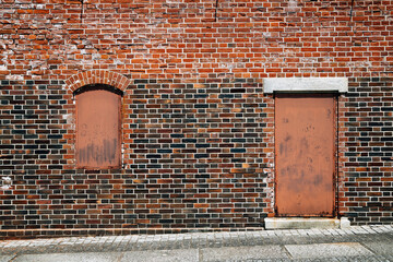 Brick wall and door, Ozu Redbrick Hall Akarenga-kan in Ehime, Shikoku, Japan