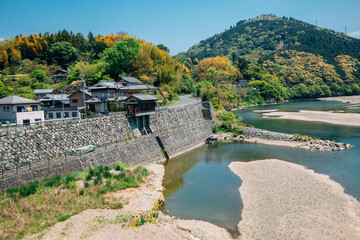 Fototapeta premium View of Ozu village and Hijikawa river in Ehime, Shikoku, Japan
