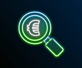 Glowing neon line Magnifying glass and euro symbol icon isolated on black background. Find money. Looking for money. Colorful outline concept. Vector