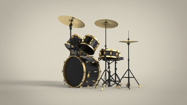 Right side view of professional black drum kit with gold lines isolated on solid brown background 3d rendering image