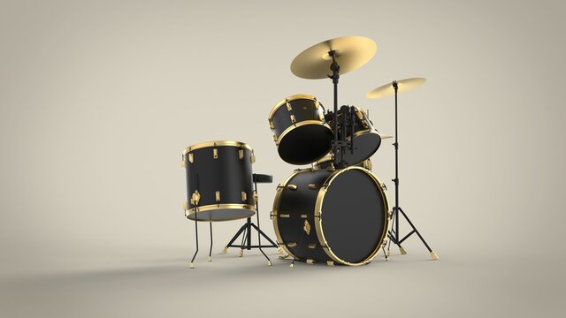 Left side view of professional black drum kit with gold lines isolated on solid brown background 3d rendering image