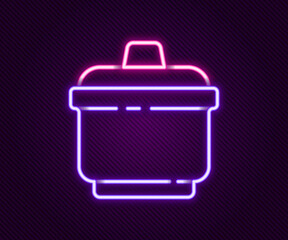 Glowing neon line Cooking pot icon isolated on black background. Boil or stew food symbol. Colorful outline concept. Vector