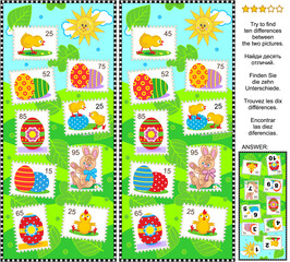 Easter postage stamps picture puzzle: Can you spot two identical postage stamps? Answer included.
