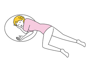 熱中症等の体調不良で倒れたので横向きに寝て安静にしている可愛い女性 回復体位 イラスト ベクター