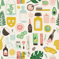 Home SPA doodle seamless pattern with elements, ingredients and decorations