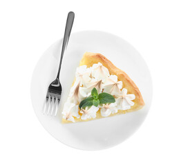 Piece of delicious lemon meringue pie with plate and fork isolated on white, top view
