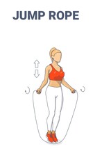 Girl Doing Jump Rope Exercise Fitness Home Workout Guidance Illustration. Woman Skipping Rope. - obrazy, fototapety, plakaty