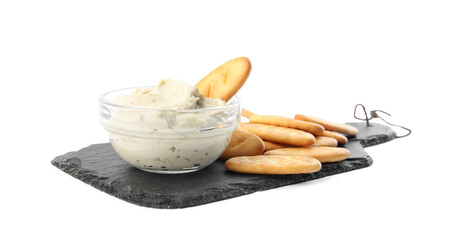 Delicious crackers and humus on white background