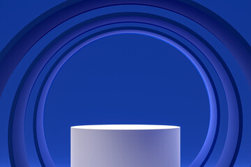 White minimal podium or pedestal display on abstract blue background for cosmetic product presentation