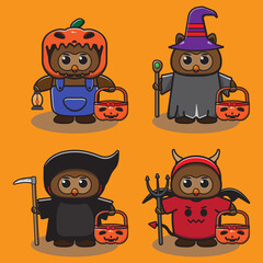 Vector illustration of cute Owl Halloween cartoon set. Pumpkin, Wizard, Reaper and devil costume set. Good for icon, logo, label, sticker, clipart.
