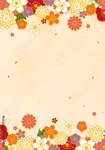 和紙に金箔が入った和柄の花の背景のベクターイラストフレーム 正月 バナー ポスター 新年 お正月 １月 熨斗 水引き 旧正月 春節 Aged Wall Mural Ag Honyojima