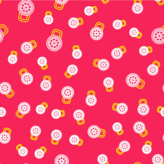 Line Safe combination lock icon isolated seamless pattern on red background. Combination padlock. Security, safety, protection, password, privacy. Vector