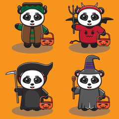 Vector illustration of cute Panda Halloween cartoon. Frankenstein, Devil, Reaper and Wizard costume set. Good for icon, logo, label, sticker, clipart.