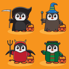 Vector illustrations of cute Cartoon Penguin Halloween set. Reaper, Wizard, Devil and frankenstein costume set. Good for icon, logo, label, sticker, clipart.