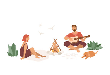 Couple resting near campfire, man playing guitar, girl sitting. Happy isolated characters, domestic dog with owner. Recreation, travel concept, summer illustration on white background.