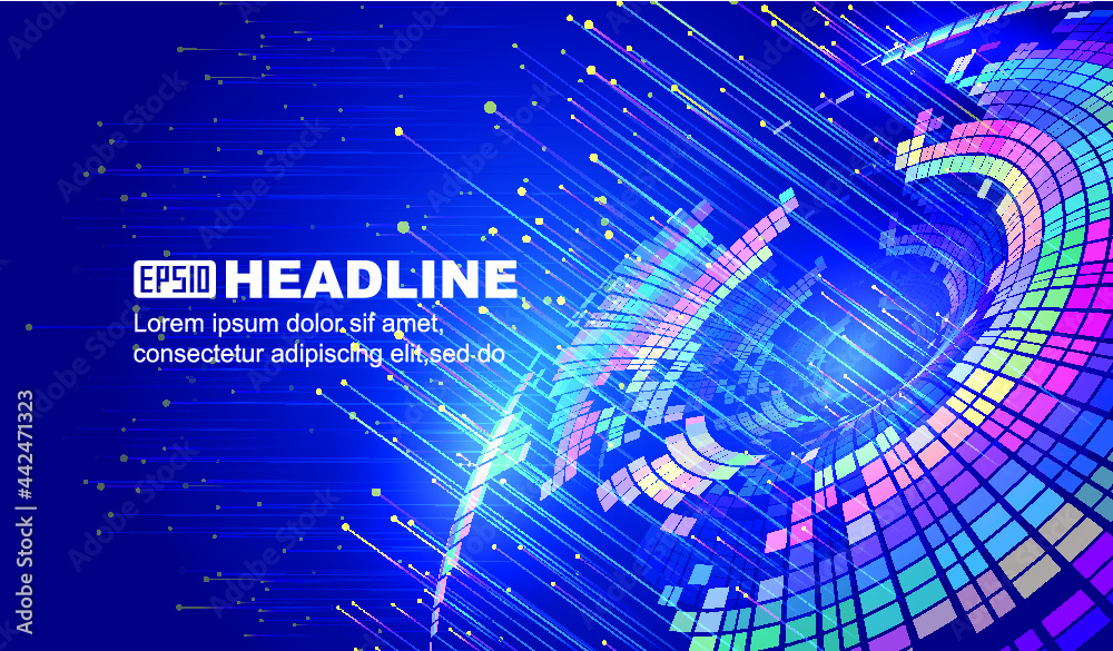Wall mural colored spiral blocks emit light on internet tech tech background.