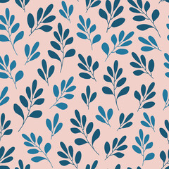 Seamless pattern with simple abstract blue leaves and branches on a delicate pink background. Floristic print for textiles, packaging.