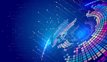 Colored spiral blocks emit light on Internet tech tech background.