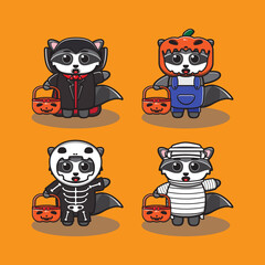 Vector illustration of cute Raccoon Halloween cartoon. Dracula, Pumpkin, Skeleton and Mummy costume set. Good for icon, logo, label, sticker, clipart.