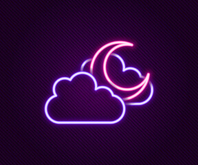 Glowing neon line Cloud with moon icon isolated on black background. Cloudy night sign. Sleep dreams symbol. Night or bed time sign. Colorful outline concept. Vector