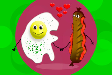 A cartoon-style banner depicting an English breakfast: a fried egg and a sausage holding hands. On a green-pink background. It is suitable for the design of articles, menus, printing on textiles
