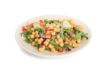 Plate with delicious fresh chickpea salad isolated on white
