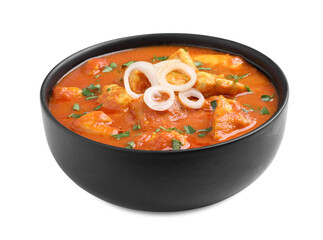 Bowl of delicious chicken curry on white background