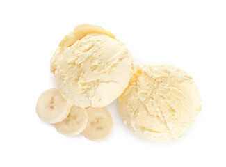 Delicious banana ice cream and fresh fruit on white background, top view