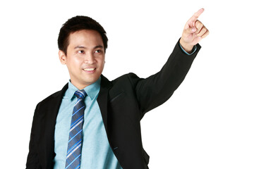Portrait of Young Asian man smiling standing wearing black suit and showing finger point up in white background. Concept businessman success copy space.
