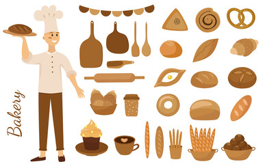 Bakery, pastry shop, cook. A set of baking, bread and confectionery products. Buns, baguette, loaf, croissant, cake, khachapuri and kitchen utensils. The vector illustration is isolated.