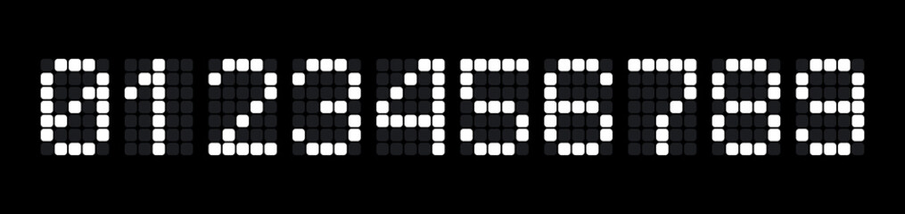 Digital numbers set for scoreboards, electronic watches, calculators or electronic scales. Vector illustration on black background