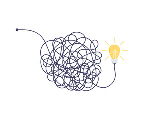Complex easy simple way from start to idea. Chaos simplifying, problem solving and business solutions idea searching concept vector illustration. Hand drawn doodle scribble chaos lines and light bulb.