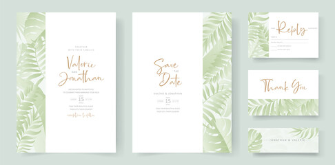 Summer wedding card design with tropical leaf ornament