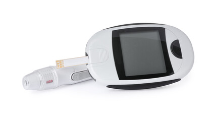 Digital glucometer and lancet pen on white background