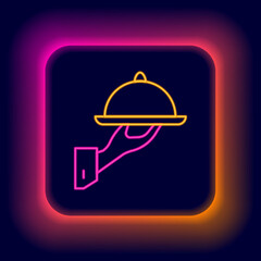 Glowing neon line Covered with a tray of food icon isolated on black background. Tray and lid sign. Restaurant cloche with lid. Colorful outline concept. Vector