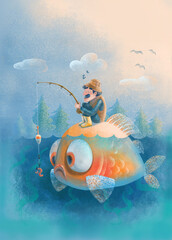 Drawing picture a fisherman and a fish, funny postcard with a fisherman on a fishing trip