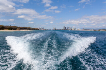 Waves on the stern of a tourist boat, Gold Coast, Australia
