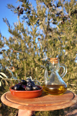 Still life of olive oil jug and bowl of black olives in the middle of a field of olive trees