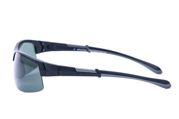 Side view. Fashion sunglasses black frames on white background.