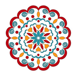 Vector hand drawn doodle mandala. Ethnic mandala with colorful ornament. Isolated on white background. Bright colors: red, yellow.