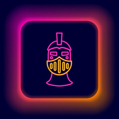 Glowing neon line Medieval iron helmet for head protection icon isolated on black background. Colorful outline concept. Vector