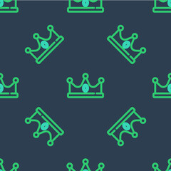 Line King crown icon isolated seamless pattern on blue background. Vector