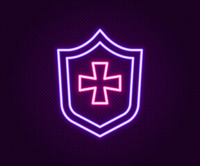 Glowing neon line Shield icon isolated on black background. Guard sign. Security, safety, protection, privacy concept. Colorful outline concept. Vector