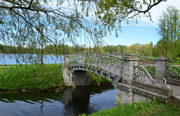 Small decorative bridge on the pond in the park