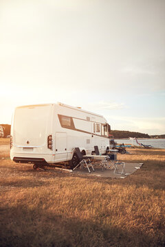 Camper Van House Camp Near The Ocean Sea Shore.