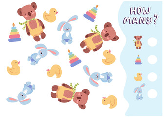 Counting game for preschool kids. Educational math game. Count how many nursery toys there are and write down the result. Vector illustration in cartoon style
