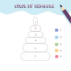 Coloring page with cute kid pyramide. Color by numbers. Educational kid game, drawing childrens activity, printable worksheet.