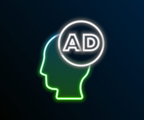 Glowing neon line Advertising icon isolated on black background. Concept of marketing and promotion process. Responsive ads. Social media advertising. Colorful outline concept. Vector