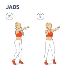Girl Doing Jabs Exercise Fitness Home Workout Guidance Illustration. Woman Boxing Move Jab Punch. - obrazy, fototapety, plakaty